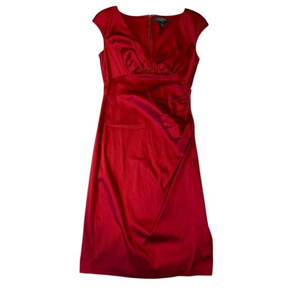 LAUREN RALPH LAUREN RUBY RED Satin Surplice Cocktail Party Sheath Dress Size 6 - Picture 2 of 11